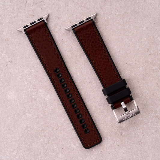The Tailor leather and FKM rubber Apple Watch band in Brown, front view showing the full strap and buckle