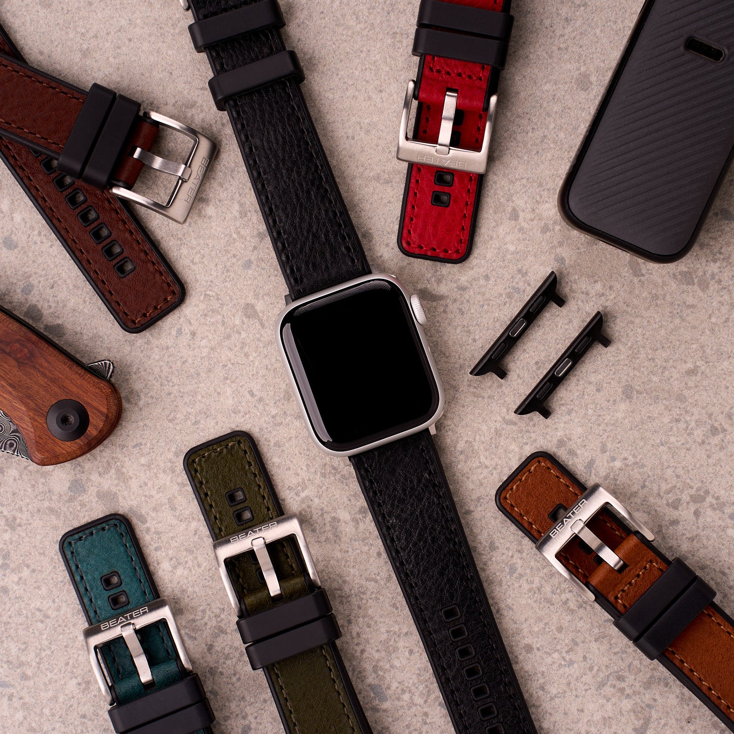 The Tailor leather and FKM rubber Apple Watch band, colour range laid out together
