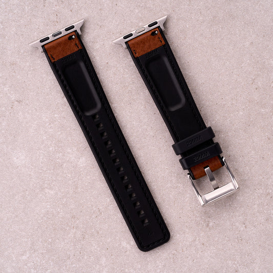The Tailor leather and FKM rubber Apple Watch band in Light Brown, back view showing the quick release pin and strap size marking
