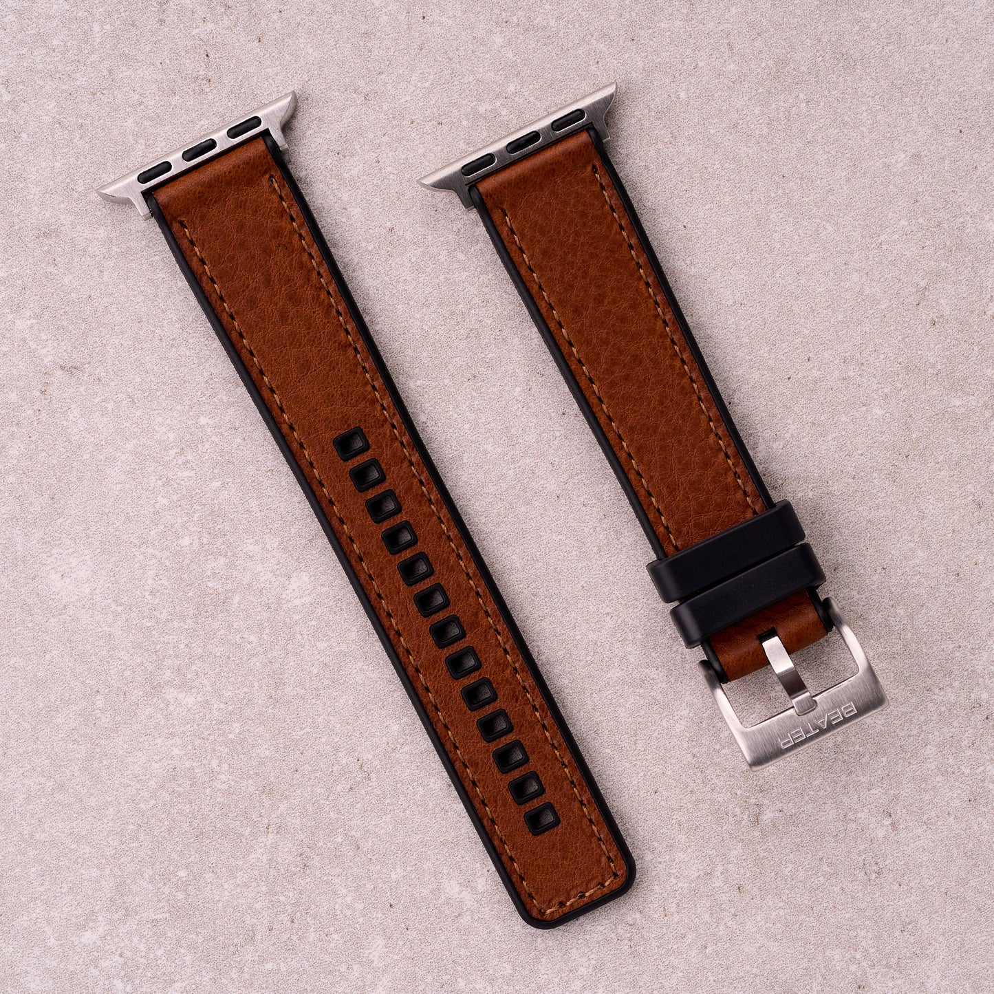 The Tailor leather and FKM rubber Apple Watch band in Light Brown, front view showing the full strap and buckle