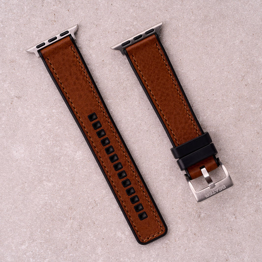 The Tailor leather and FKM rubber Apple Watch band in Light Brown, front view showing the full strap and buckle