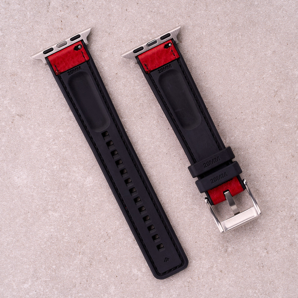 The Tailor leather and FKM rubber Apple Watch band in Red, back view showing the quick release pin and strap size marking