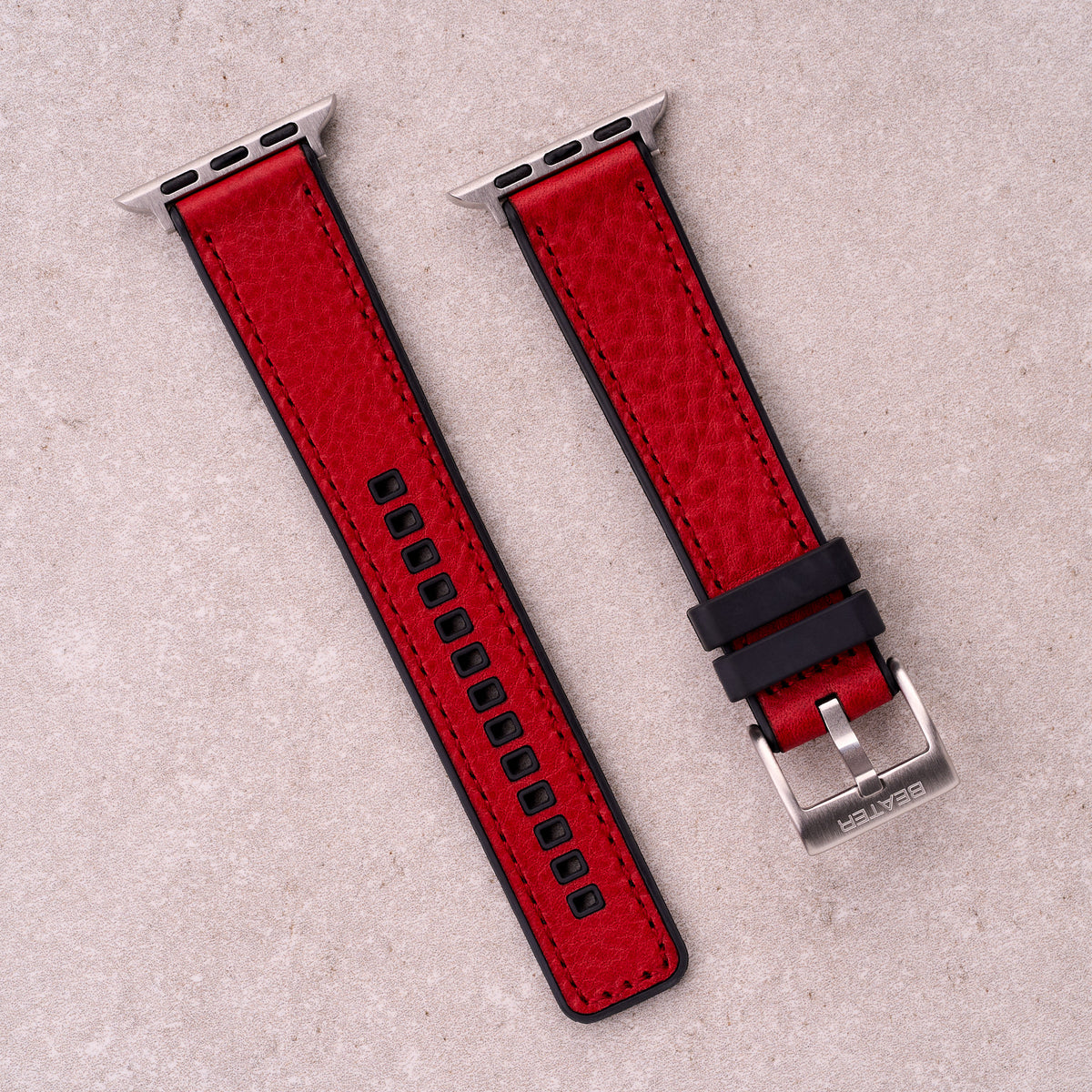 The Tailor leather and FKM rubber Apple Watch band in Red, front view showing the full strap and buckle