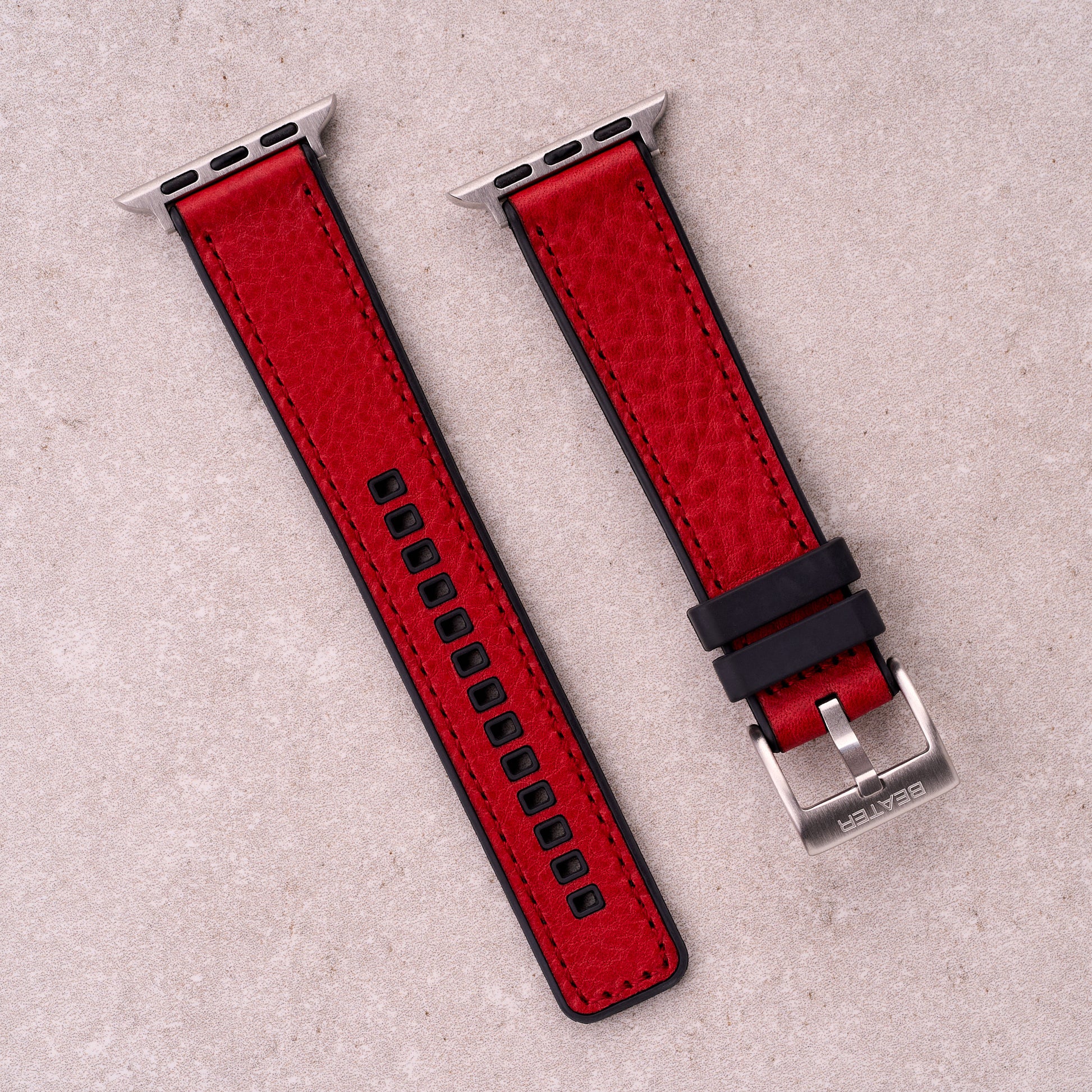 The Tailor leather and FKM rubber Apple Watch band in Red, front view showing the full strap and buckle