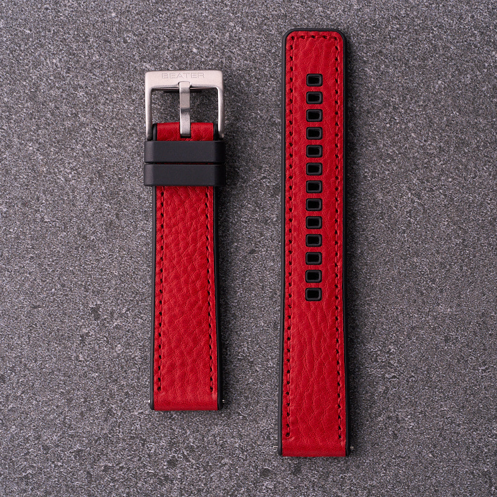 The Tailor red leather and FKM rubber watch strap in 18mm 20mm and 22mm, bold hybrid band for sport and casual watches.